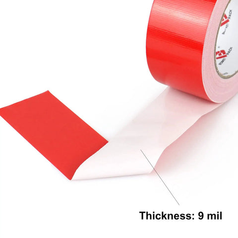 Two Pack Red Duct Tape Heavy Duty 9 Mil Thick 2 Inch By 30 Yard Roll This Workhorse Industrial Strength Tape shown with thickness label
