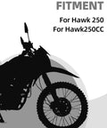 Silhouette of Hawk 250 motorcycle with fitment text, compatible with Beefed Up Rear Chain Sprocket For Hawk 250 428 50T CNC 7075 Aluminum Alloy Red.
