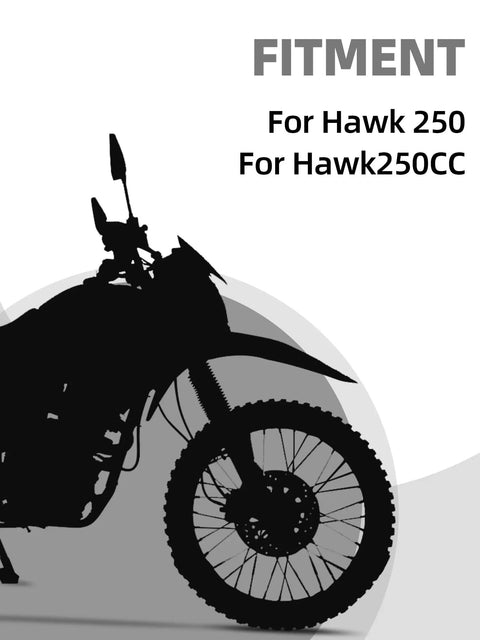 Silhouette of Hawk 250 motorcycle with fitment text, compatible with Beefed Up Rear Chain Sprocket For Hawk 250 428 50T CNC 7075 Aluminum Alloy Red.