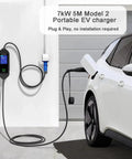 Rugged Portable EV Charger With China GBT To CEE Blue Commando Plug Adapter Solid 32A 7KW Mobile Charging Station charging a vehicle.