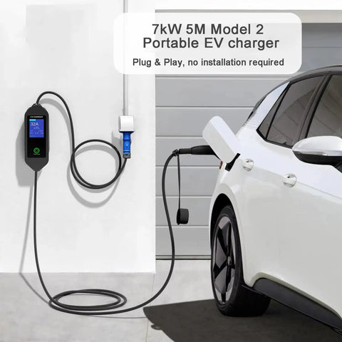 Rugged Portable EV Charger With China GBT To CEE Blue Commando Plug Adapter Solid 32A 7KW Mobile Charging Station charging a vehicle.