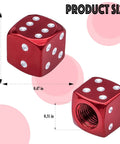 Red dice-style tire valve stem caps with O-ring, showing size dimensions, universal aluminum alloy dustproof covers for cars SUVs trucks motorcycles bicycles red 4 pack easy install weather resistant.
