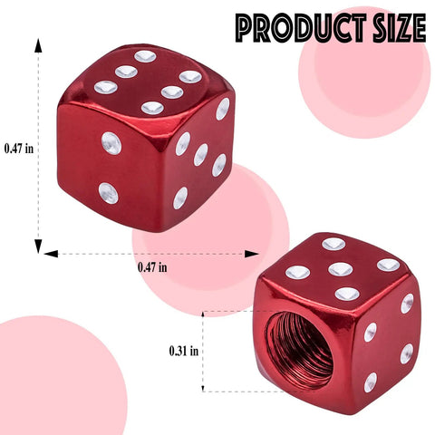 Red dice-style tire valve stem caps with O-ring, showing size dimensions, universal aluminum alloy dustproof covers for cars SUVs trucks motorcycles bicycles red 4 pack easy install weather resistant.