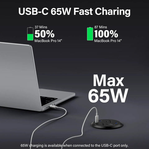 USB-C 65W Fast Charge demonstration with MacBook Pro showing charging time and power details.