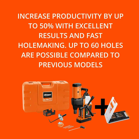 Magspeed 150 Magnetic Base Drill Featuring Dual Side Hand Feed Wheels And A Super Beefy 1500W Motor For Tough Metal Jobs That Knock It Right Out Of The Park Built Like A Tank, in orange case with accessories.