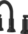 Capistrano Widespread 3 Hole Matte Black Bathroom Sink Faucet With Dual Handles Push And Seal Drain displayed on white background