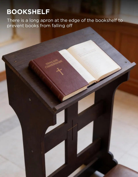 Solid Pine Wood Prayer Bench Kneeler With Cushioned Seat For Home And Church Use shown with books on top.