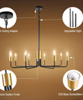 8 Light Black and Gold Modern Farmhouse Chandelier for Dining Room Industrial Candle Hanging Light Fixture with E26 sockets
