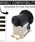 Washer drain pump motor, Seentech, for Kenmore/LG; black cylindrical housing with white mounting base (front view).