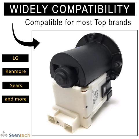Washer drain pump motor, Seentech, for Kenmore/LG; black cylindrical housing with white mounting base (front view).