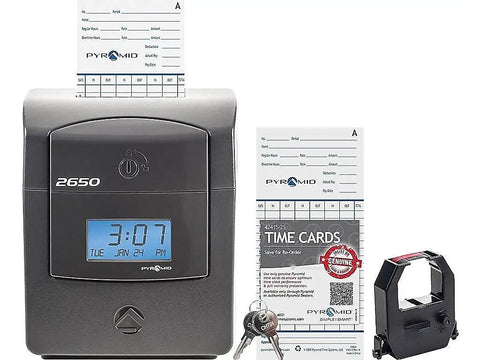 Automatic Punch Time Clock With Six Column Time Cards Captures three shift entries. Top loader design with timecards and keys.