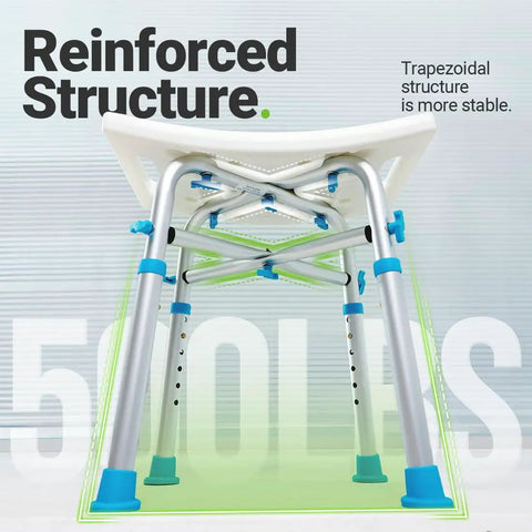 Bottom view of trapezoidal reinforced structure of Heavy Duty Bariatric Shower Chair With 500lb Capacity, Padded Shower Stool For Inside Shower, Six Height Adjustable Tubes, Anti Slip Base, Aluminum Frame, Comfortable Backrest, FSA HSA Eligible