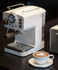 Retro Semi Automatic Espresso Maker Serving Solid Shot Quality With Reliable 15 Bar Pump And Polished Stainless Steel Body For Smooth Daily Grinds includes cup of coffee.