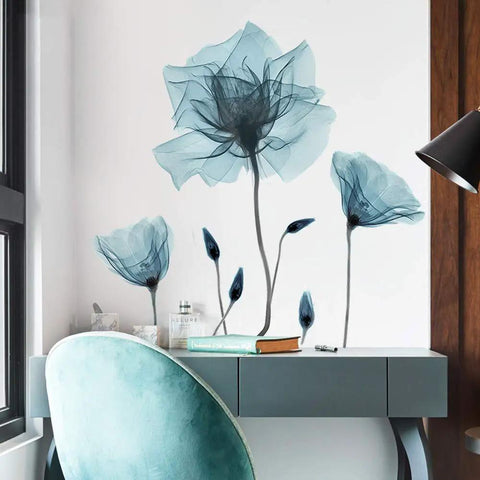 Blue Flower Wall Decals Peel And Stick Removable Die Cut Vinyl Murals For Bedroom Living Room Classroom Office Easy Apply Reposition No Residue Waterproof Durable DIY Wall Decor Create A Cozy Hand Painted Look And Personal Vibe on white wall over desk.