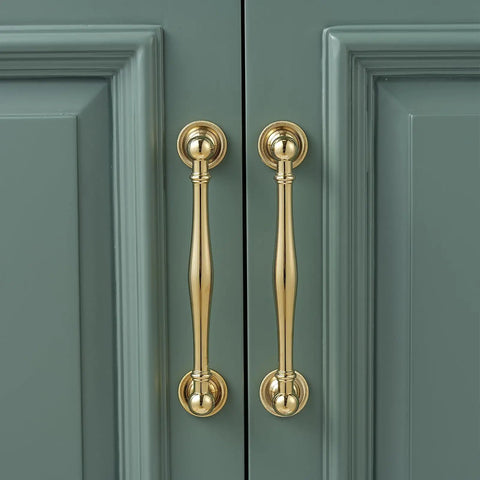 Premium Solid Brass Cabinet Pull And Drawer Knob With Modern Grooved Base Set Of 10 in antique brass on green cabinet doors