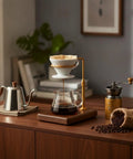 Sleek Pour Over Coffee Stand With Aluminum Dripper Holder And Solid Wood Base For Manual Brewing Stations with coffee brewing setup