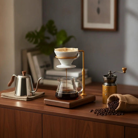 Sleek Pour Over Coffee Stand With Aluminum Dripper Holder And Solid Wood Base For Manual Brewing Stations with coffee brewing setup