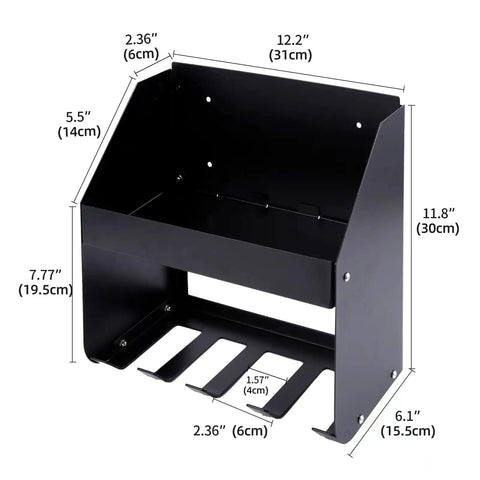 Heavy Duty Power Tool Rack For Electric Drill Wall Mount Organizer with measurements in black metal design