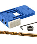 3/8 Inch Doweling Jig Kit with Drill Bit and Stop Collar, Dual Edge Stops for Easy Alignment shown with hex wrench and bushings