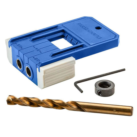 3/8 Inch Doweling Jig Kit with Drill Bit and Stop Collar, Dual Edge Stops for Easy Alignment shown with hex wrench and bushings