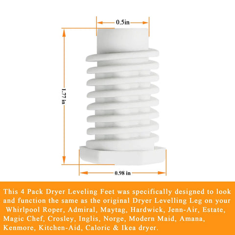 49621 PS1609293 Dryer Leveling Feet Pack Of 4 Replacement Kit for Whirlpool Dryers, adjustable height model dimensions diagram