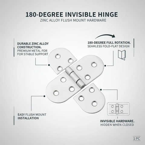 180 Degree Invisible Hinge Zinc Alloy Flush Mount Hardware For Fold Down Tables And Cabinet Doors Silver Finish shown in detail
