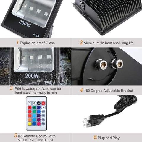 Image showing features of Powerful 200W RGB LED Flood Light With IR Remote Dimmable Color Changing Wall Washer For Outdoor Use.