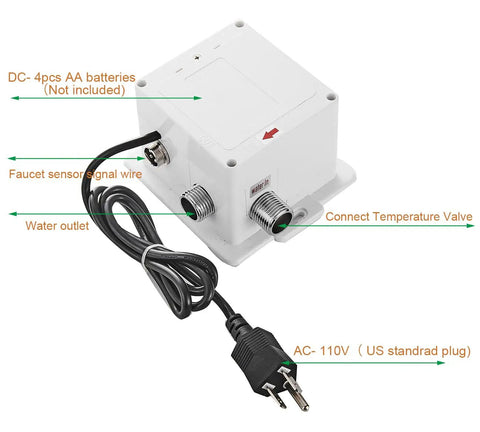 Two Channel Touchless Sensor Control Box For AC DC Power Supply Powers Bathroom Sink And Kitchen Faucet With Motion Activated Performance, Dual Powered Operation, Battery Optional, Commercial Grade Reliability.