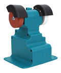 Rock Solid Cordless Bench Grinder With Dual Coarse And Fine Grinding Wheels for metal sharpening, featuring a blue body and brown/white wheels.