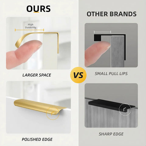 Comparison of 10 Pack 7 1/2 Inch Matte Gold Finger Pulls For Cabinets And Drawers showing larger space and polished edge vs other brands