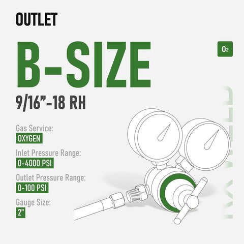 Oxygen Regulator CGA 540 Inlet B Size With T-Handle For Welding Hoses, Adjustable 0-4000 PSI Inlet And 0-100 PSI Output, 9/16-18 Outlet For 1/4 Inch B Fittings Twin Welding Hose, B-size outlet