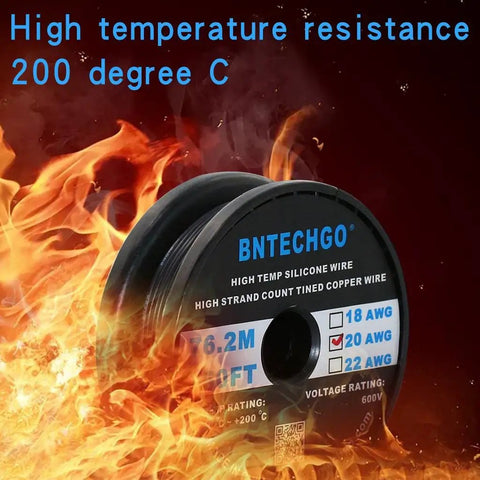 20 Gauge Silicone Wire Spool 250 Ft Black Flexible 20 AWG Stranded Tinned Copper Wire For RC Hobby Electronics And DIY Projects High Flex Low Impedance with high temperature resistance label