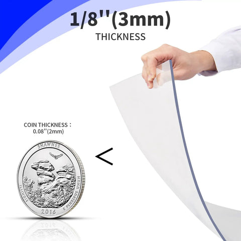 Hand holding 1/8 inch thick clear PET sheet next to coin showing thickness for Two Pack One Eighth Inch Thick Plexiglass Sheets 36 Inch By 24 Inch