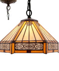 Tiffany Style Yellow Hexagon Pendant Light Fixture With Stained Glass, 12 Inch Wide Shade, showing ornamental pattern and bronze detailing