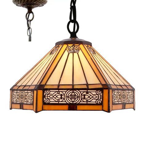 Tiffany Style Yellow Hexagon Pendant Light Fixture With Stained Glass, 12 Inch Wide Shade, showing ornamental pattern and bronze detailing