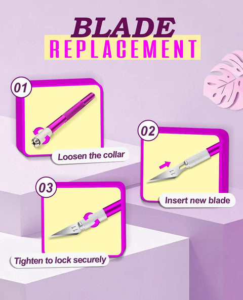 Blade replacement steps for Precision Hobby Knife Set With Ten Extra Blades And A Six Inch Steel Ruler