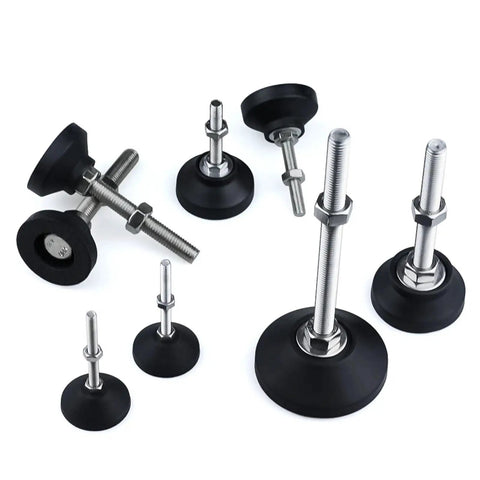 Rock Solid Universal Adjustable Machine Leveling Feet Swivel Base Articulating Legs with M5 and M6 Threads in various sizes.