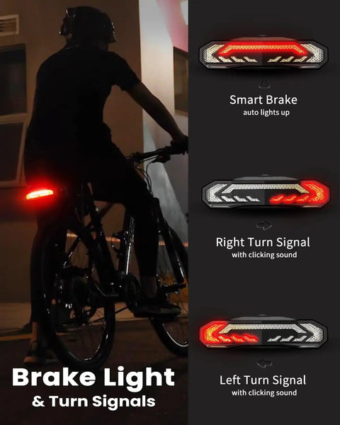 Wireless Remote Bike Light Set With Front Headlight And Rear Taillight, Turn Signals, Brake Light, Alarm Horn displayed on bike