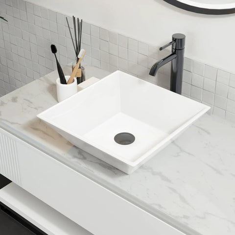 White Square Ceramic Countertop Vessel Sink For Bathroom 16 By 16 By 4.92 Inches Durable Ceramic No Fuss Surface Mount
