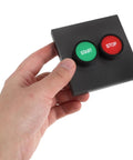 Industrial 2 Button Control Station With Emergency Stop And Start Push Buttons For Workshop Motor And Fan Control, Plastic Surface Mount Switch Panel For Reliable Shutdown And Easy Maintenance, front view in hand