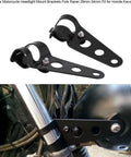Dual Headlight Mount Brackets for 28mm-34mm Fork Tubes, black stainless steel on motorcycle