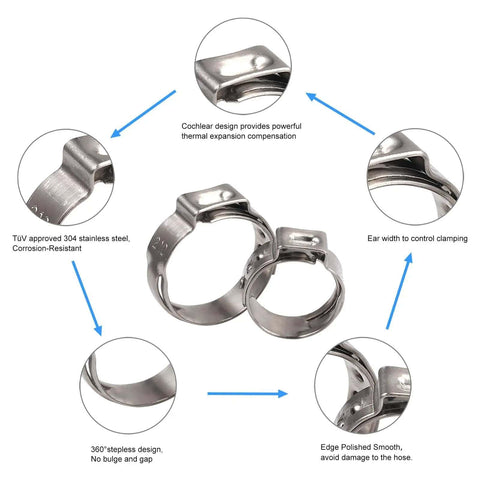 Rugged 200 Pack Single Ear Stepless Hose Clamps 7 To 21 Millimeter Range Made From 304 Stainless Steel Waterproof Anti Rust Clamp Rings