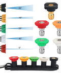 Pressure washer spray nozzle tip set with five color-coded tips (0°,15°,25°,40°,65°) and 1/4 in quick-connect on a storage rack