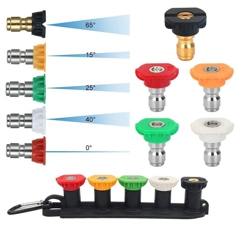 Pressure washer spray nozzle tip set with five color-coded tips (0°,15°,25°,40°,65°) and 1/4 in quick-connect on a storage rack