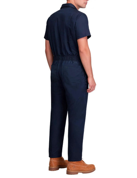 Back view of Heavy Duty Short Sleeve Coveralls For Men Work Jumpsuit Navy Cotton Polyester Blend Featuring Massive Storage Pockets.
