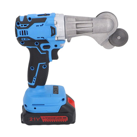 Powerful 21V Cordless Electric Metal Shears Featuring Fast Cutting Rotating Disc Blades Rechargeable Battery with ergonomic handle.