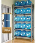 Heavy Duty Five Tier Metal Storage Shelves With Rolling Wheels And Foldable Design For Garage Kitchen Pantry And Home Office, loaded with blue water bottles.
