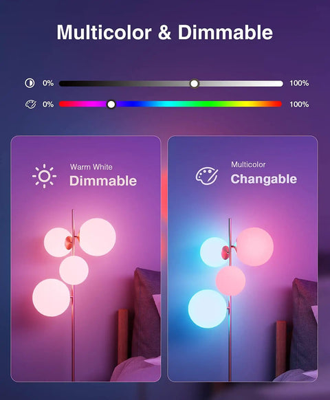 Smart RGB Tunable White A19 WiFi LED Bulb 2700K-6500K Dimmable Color Changing Lighting For Alexa And Google Assistant, 4 Pack Multicolor demonstrated in lamp setting.