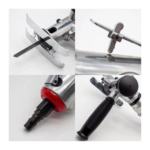 Knockout Pneumatic Jigsaw For Woodworking And Furniture Fab, Portable Air Reciprocating Saw With Swappable Handle, details of cutting blade and handle.