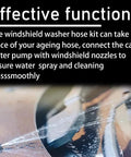 All In One Universal Windshield Washer Hose Kit text with water spray on windshield.